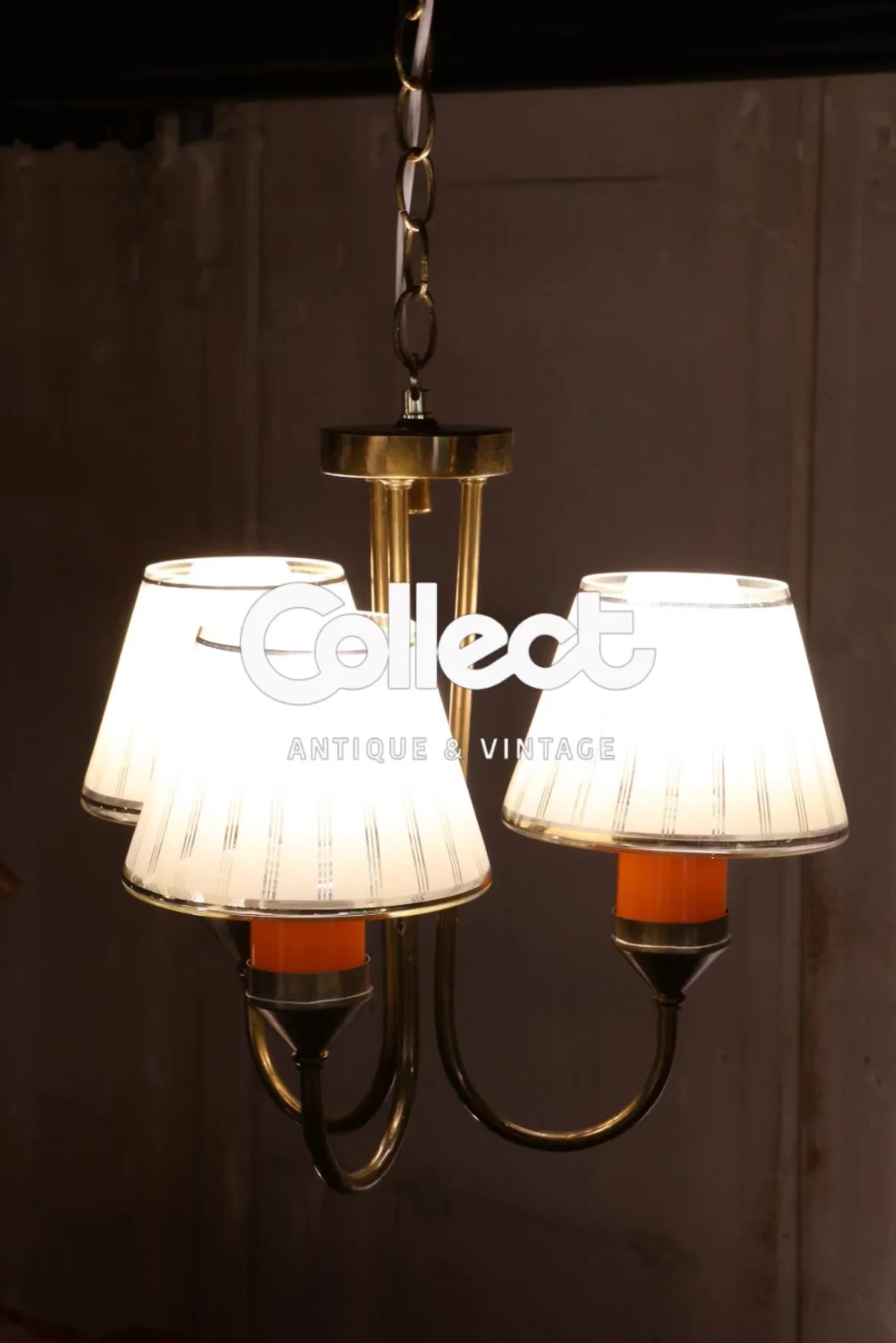 1960s-70s Vintage Metal Base Glass Shade 3-Spot Chandelier