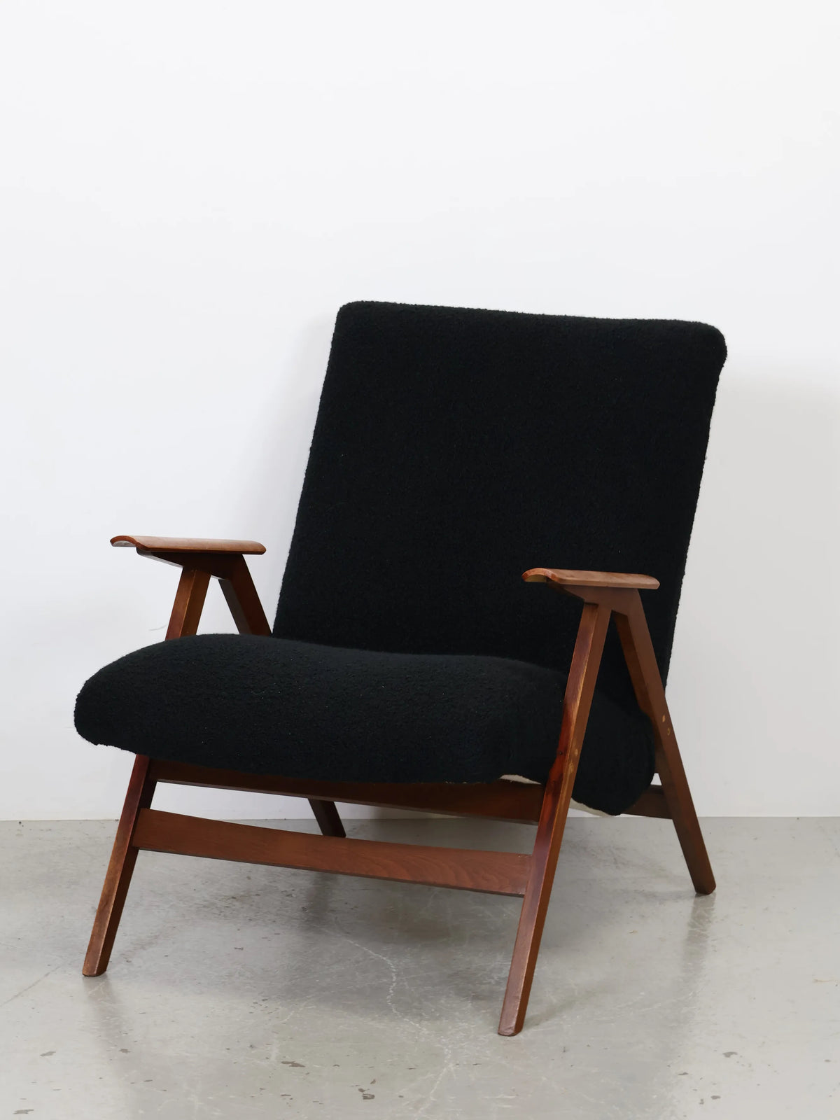1960s-70s Vintage Wood & Black Fabric High Back Easy Chair