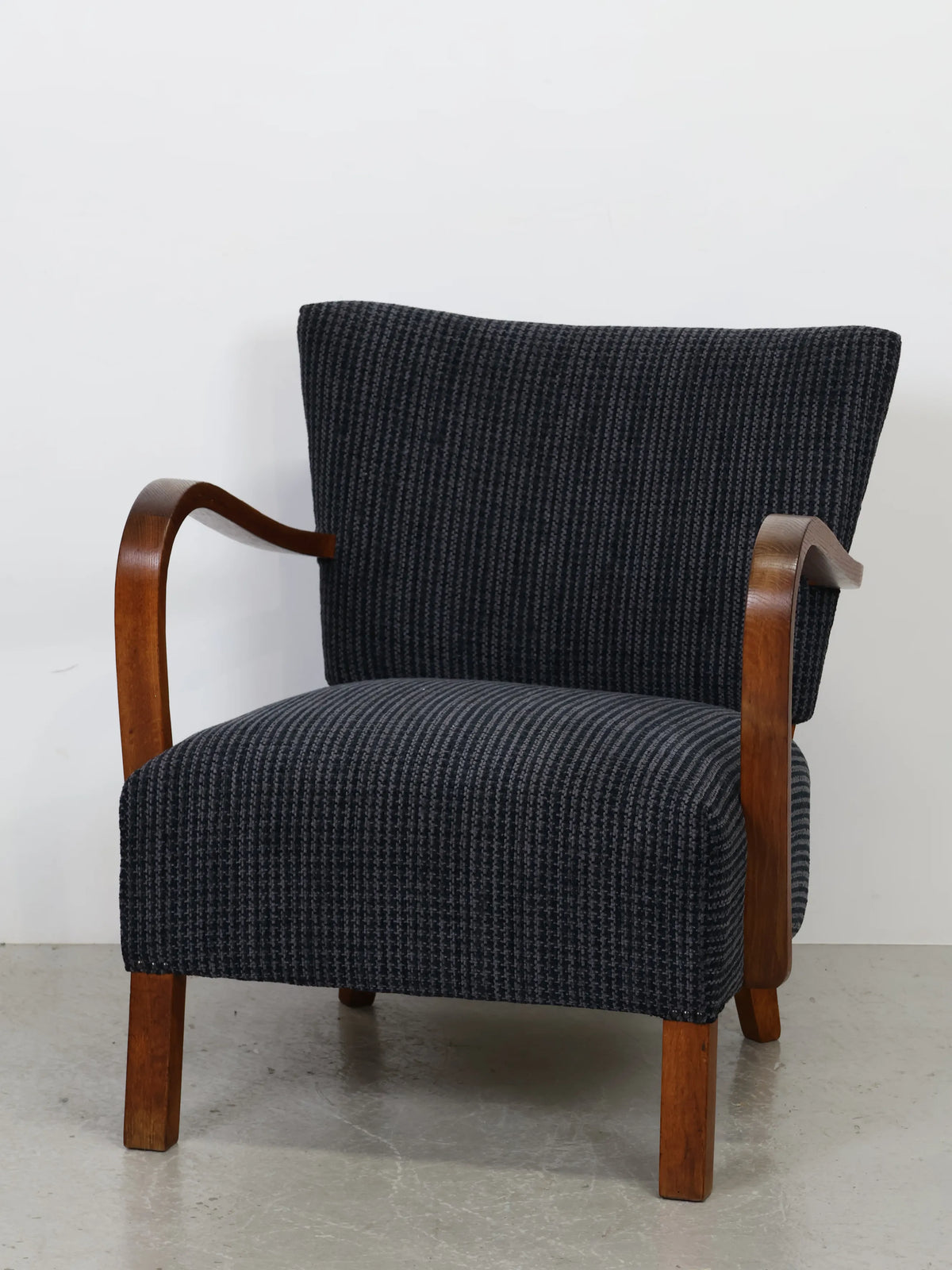 1960s-70s Vintage Wood & Navy Gray Fabric Curved Arm Lounge Chair
