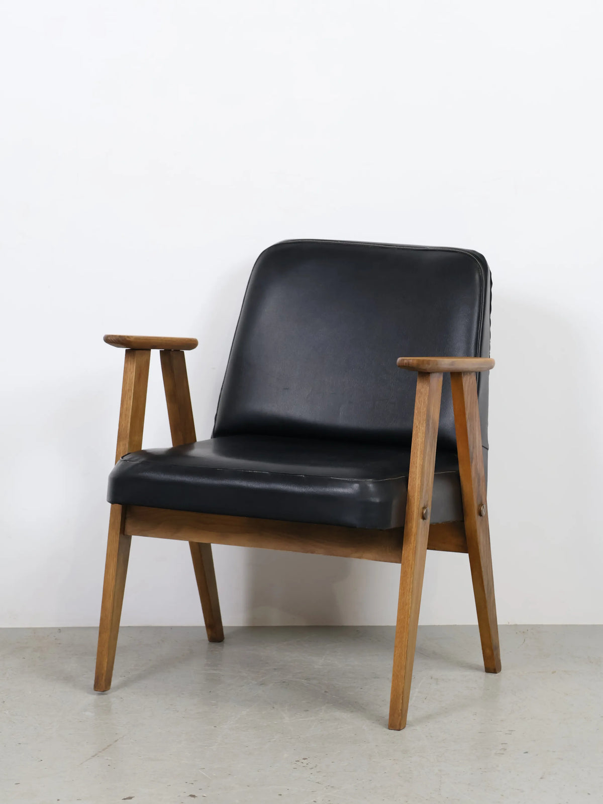 1960s Józef Chierowski Vintage Black Vinyl & Wood Lounge Chair