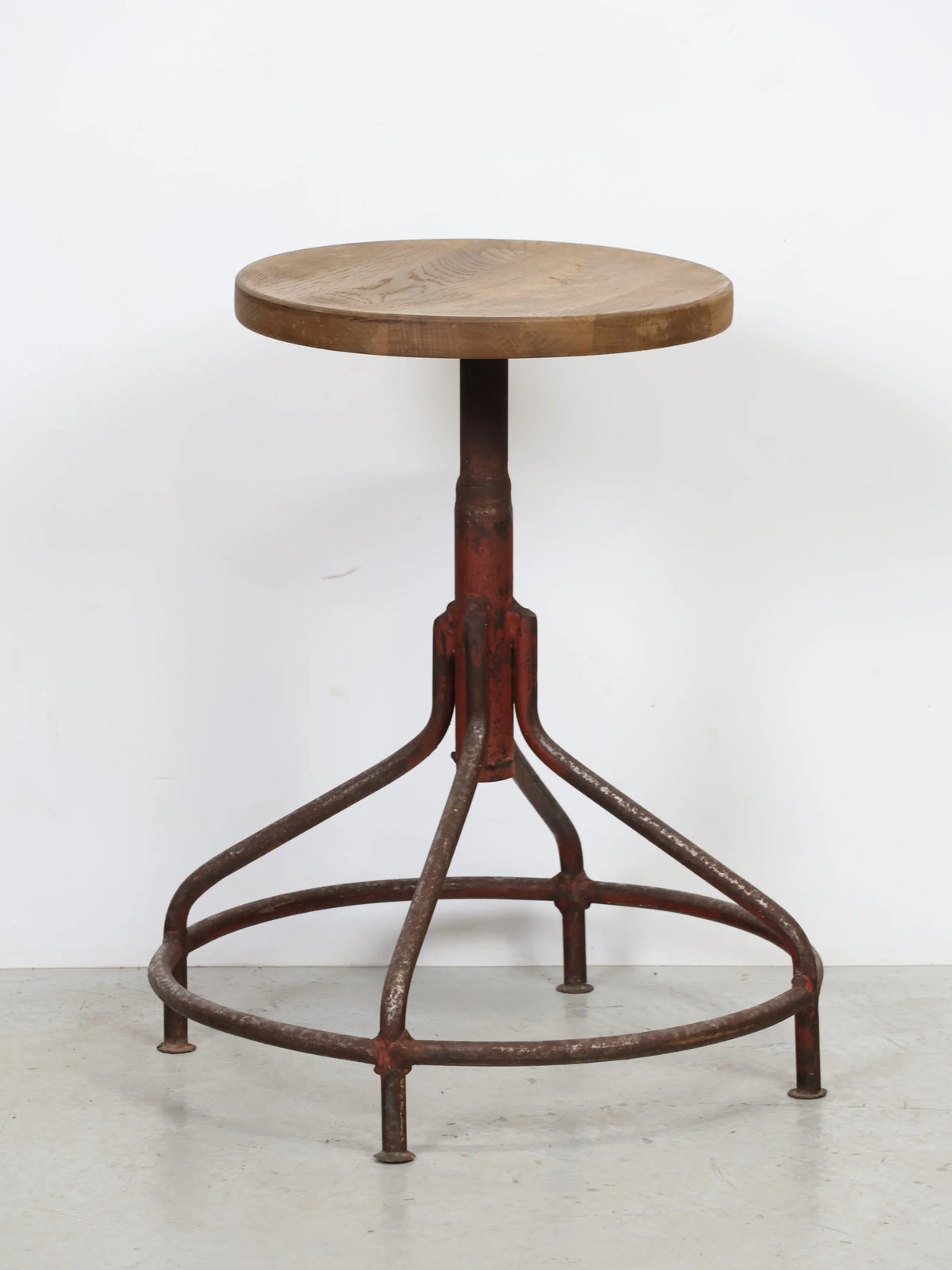 1960s Vintage Round Wood Seat Red Painted Steel Industrial Stool