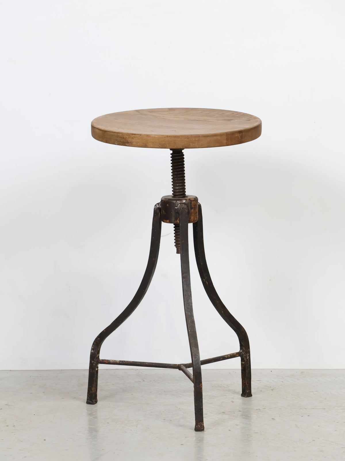 1960s Vintage Wood Seat Screw Adjustable Steel Industrial Stool